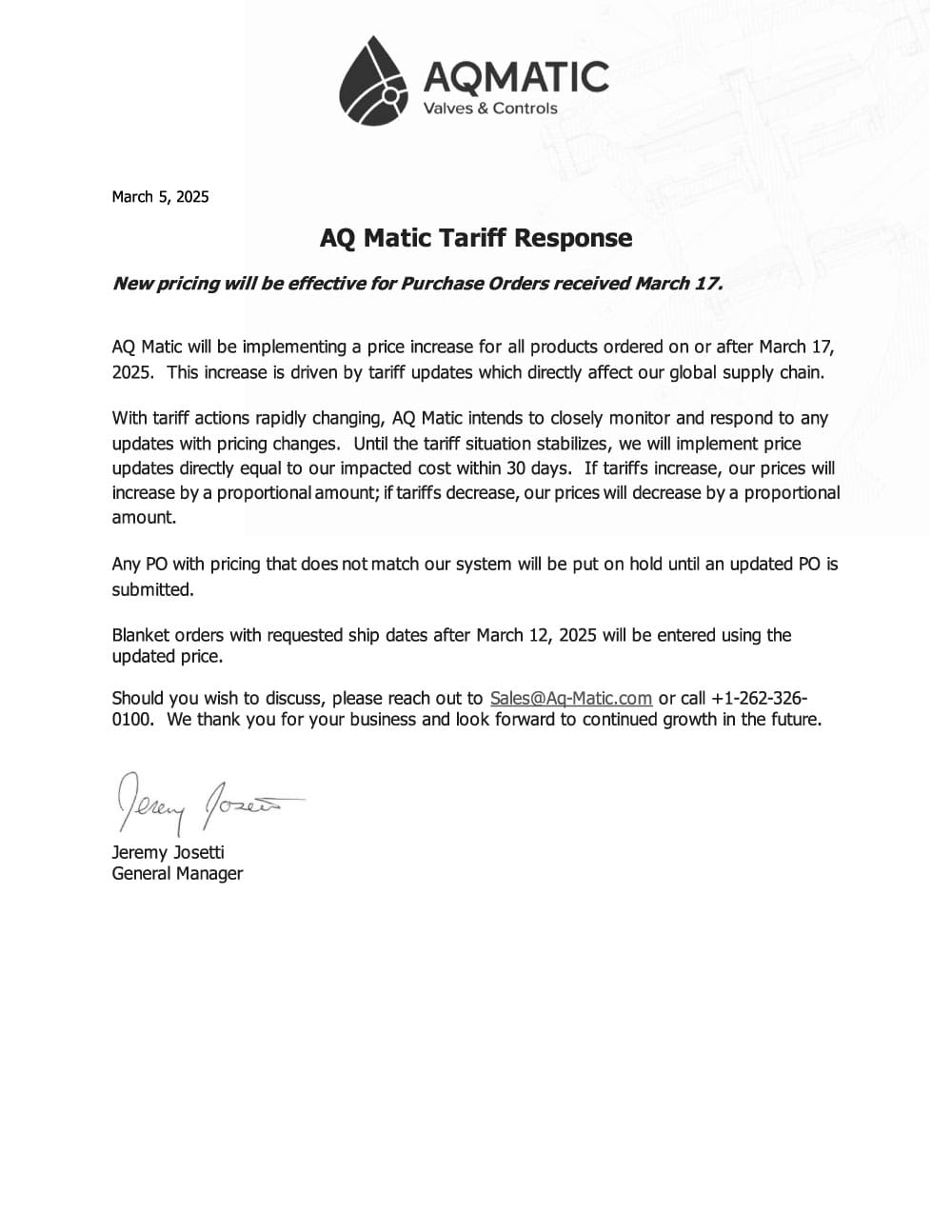 Tariff Letter Example AQ Matic Teriff Response - A message from the GM - AqMatic